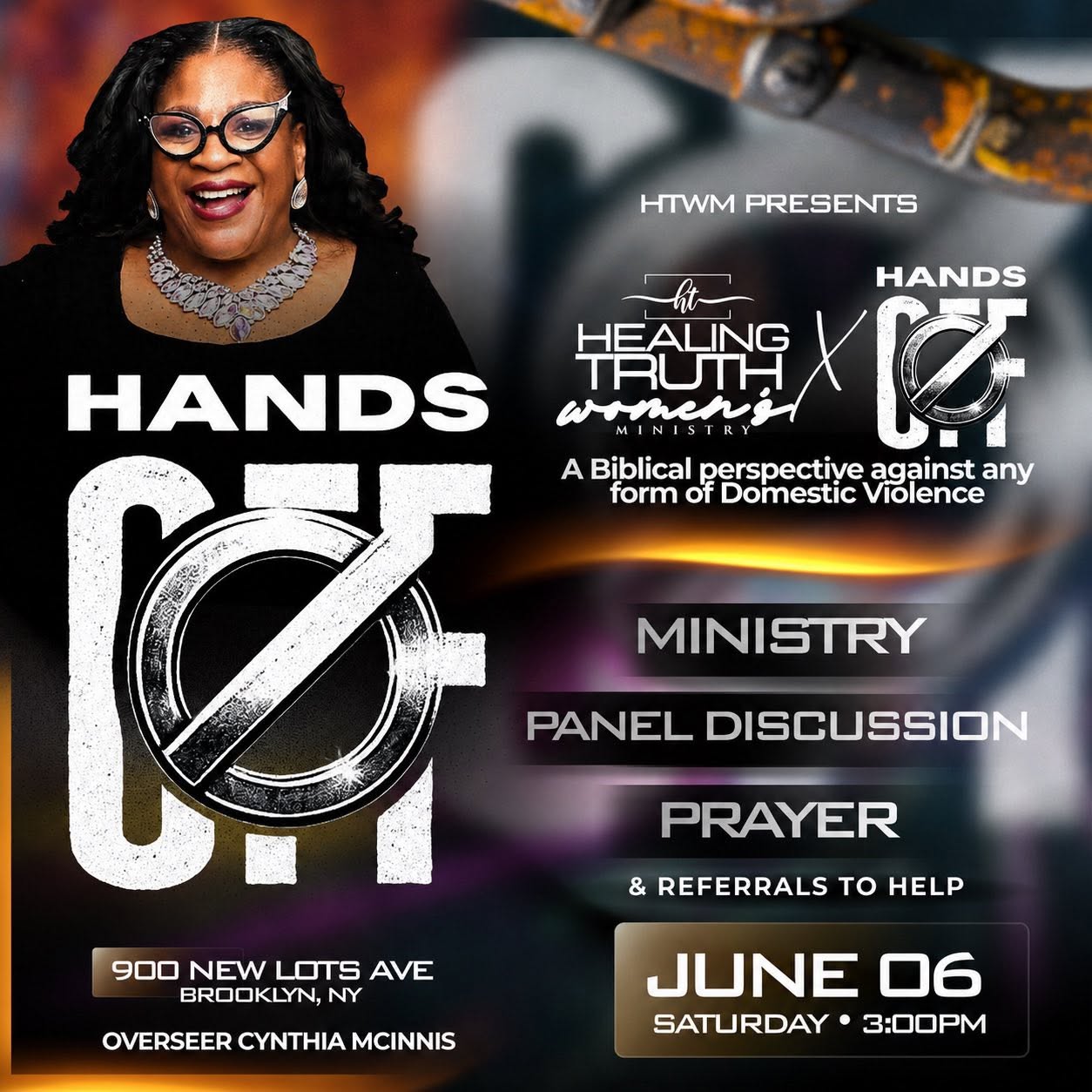 Hands Off — HTWM × Healing Truth Women's Ministry flyer featuring Overseer Cynthia McInnis