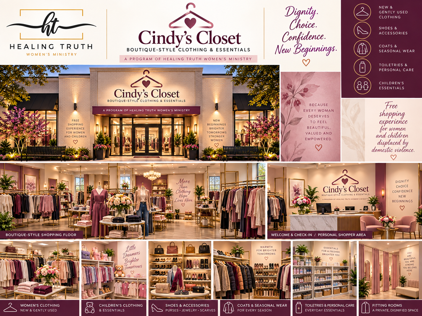 Rendering of Cindy's Closet — a boutique-style storefront with a clothes-hanger heart logo, and a warm shopping floor with clothing, shoes and accessories