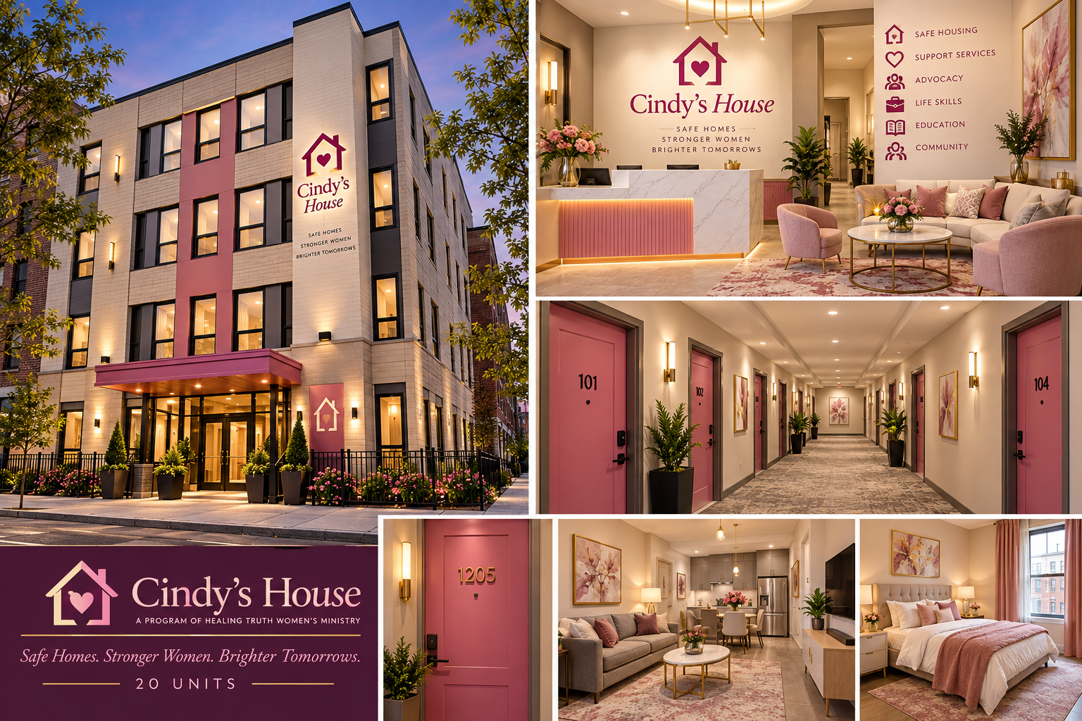 Cindy's House rendering — private units with pink doors