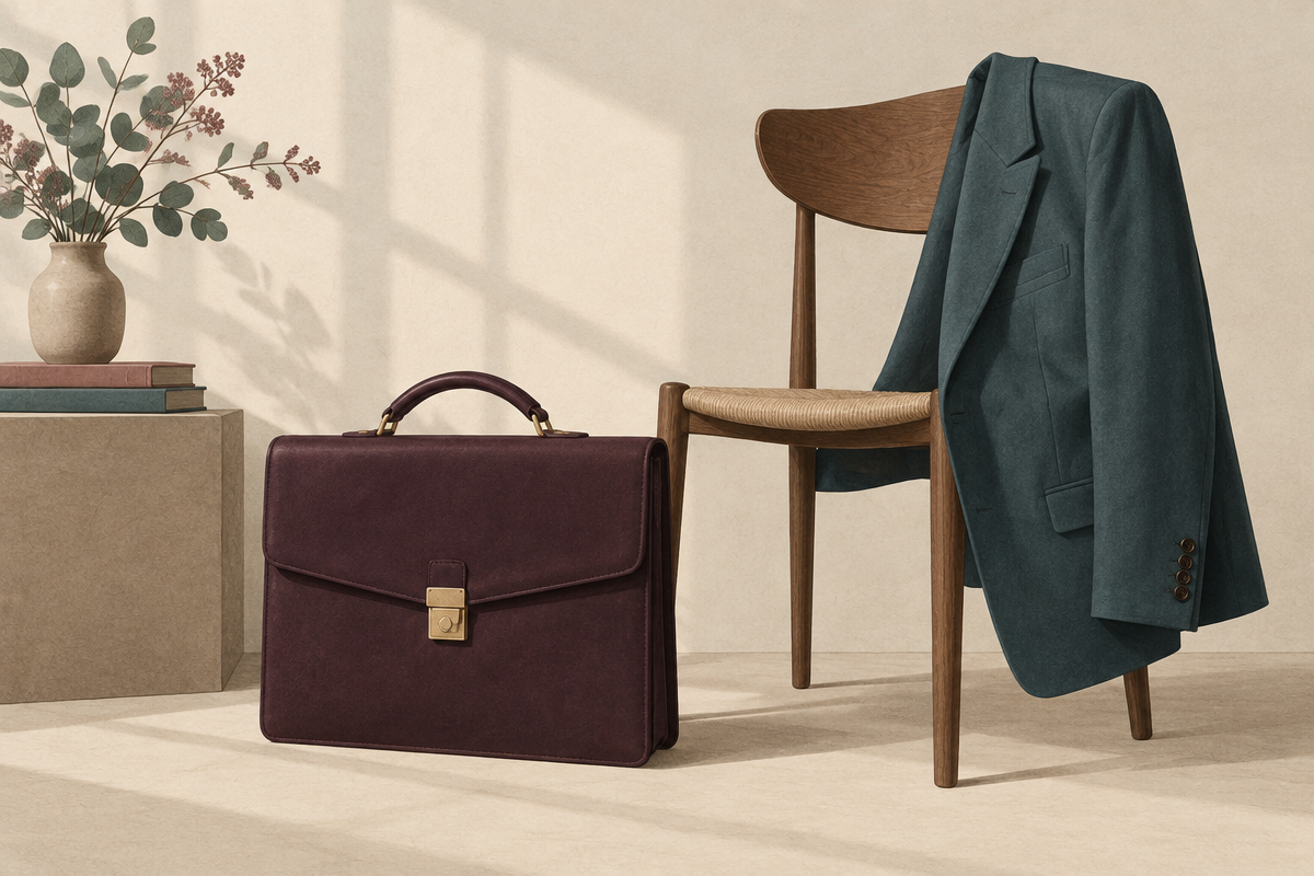 Illustration of a leather briefcase and a tailored blazer over a chair