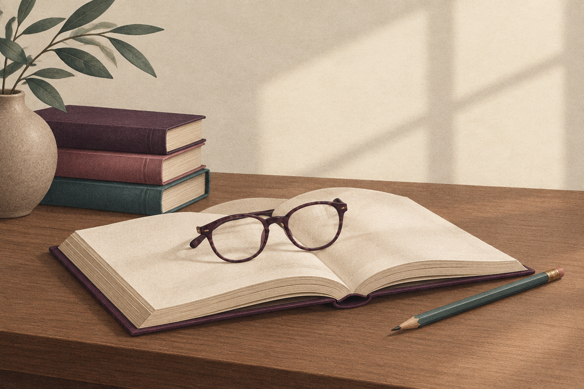 Illustration of an open book with reading glasses and a pencil on a desk