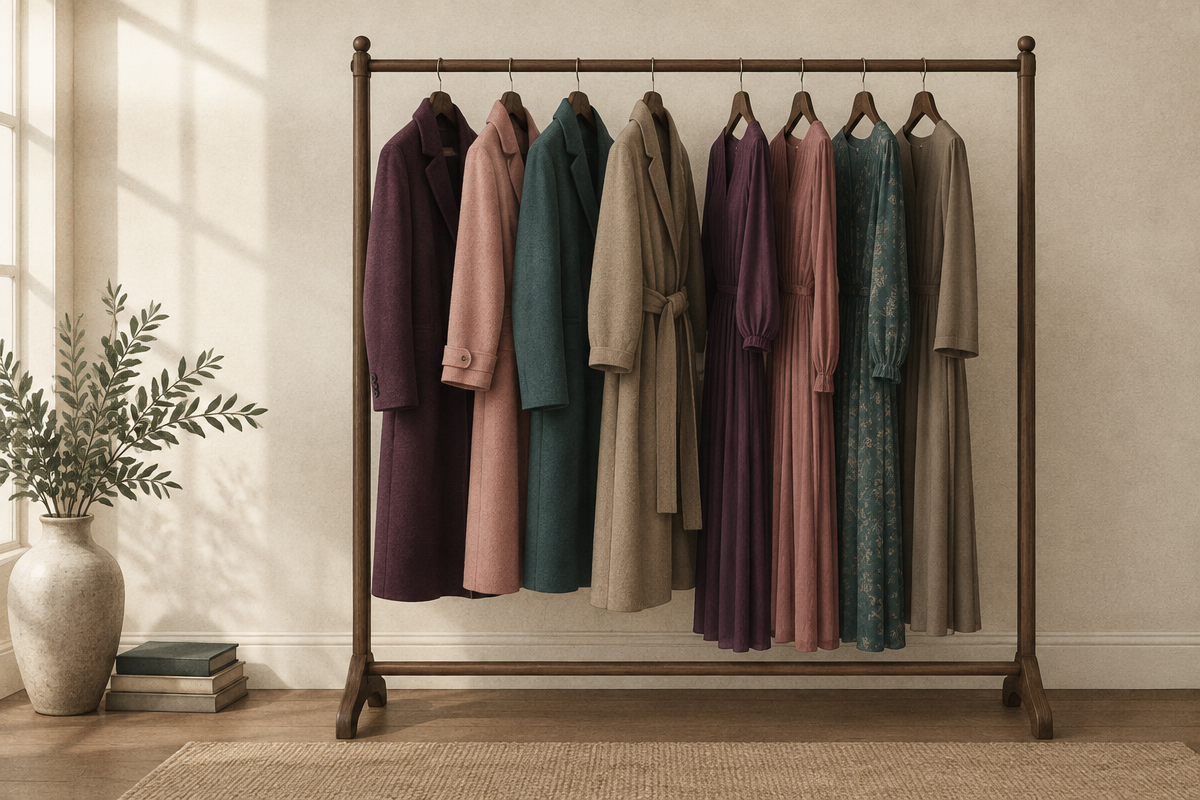 Illustration of a wooden clothing rack with neatly hung coats and dresses