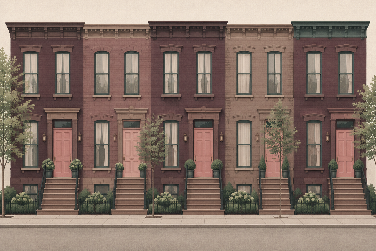 Illustration of a row of brownstone townhouses, each with a pink front door