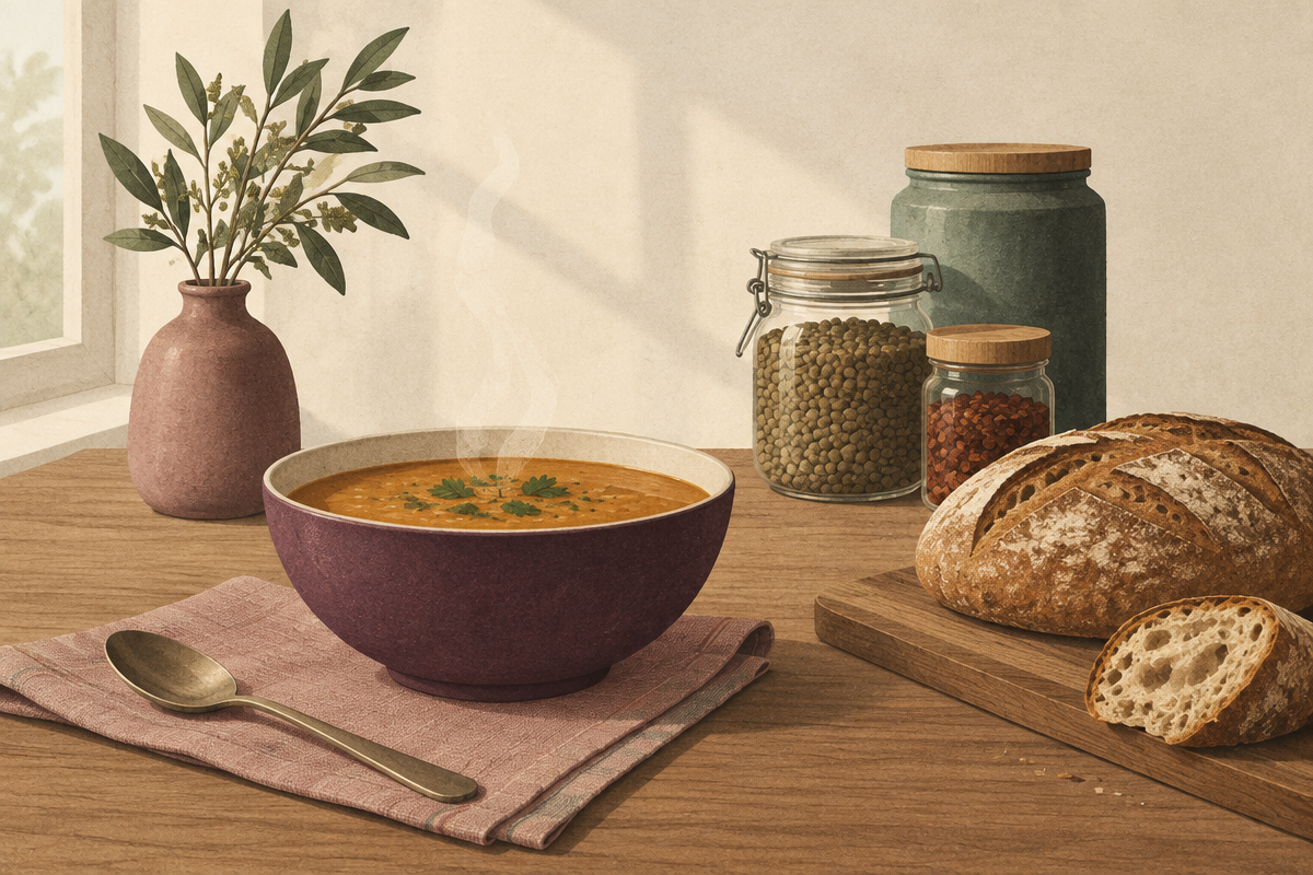 Illustration of a warm bowl of soup with bread and pantry jars
